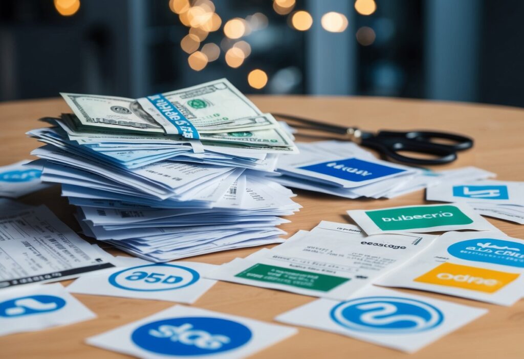 A pile of bills and receipts scattered on a table, surrounded by various subscription service logos. A pair of scissors lies nearby