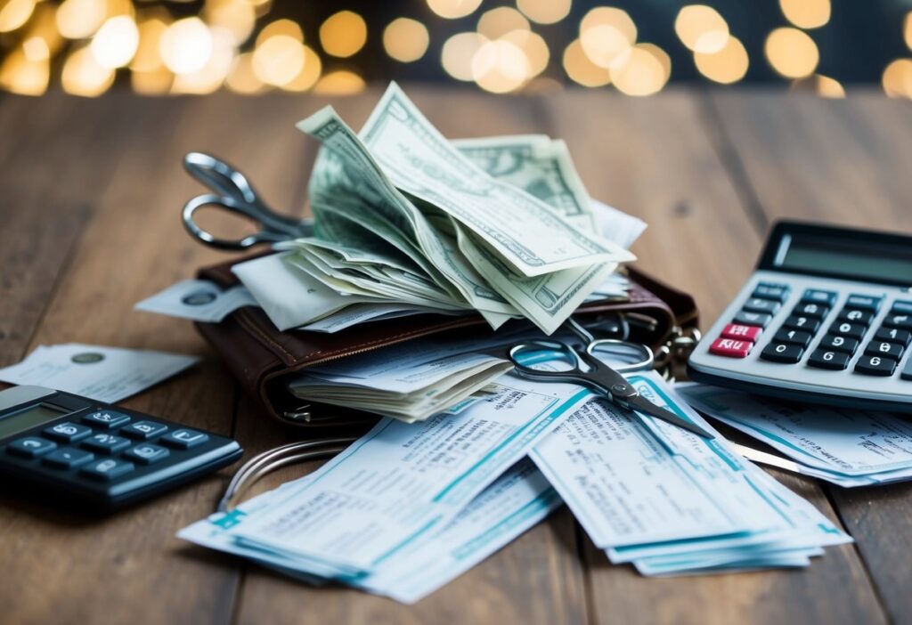 A pile of bills and receipts overflowing from a wallet, surrounded by a pair of scissors and a calculator