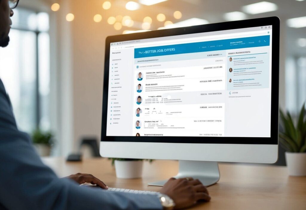A computer screen displaying various job listings with a resume being automatically customized by AI software