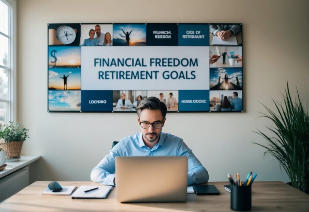 A person working on a laptop at a cozy home office, with a vision board on the wall filled with images of financial freedom and retirement goals