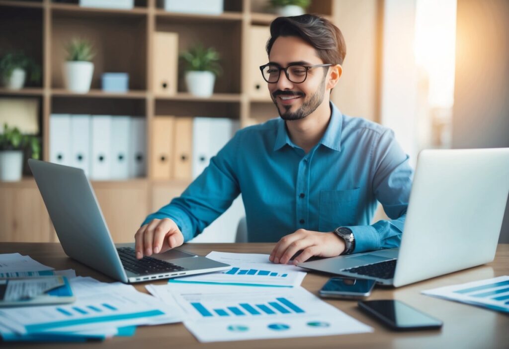 A person sitting at a desk, surrounded by financial documents and a laptop, brainstorming and planning their side hustle strategy for retirement funding