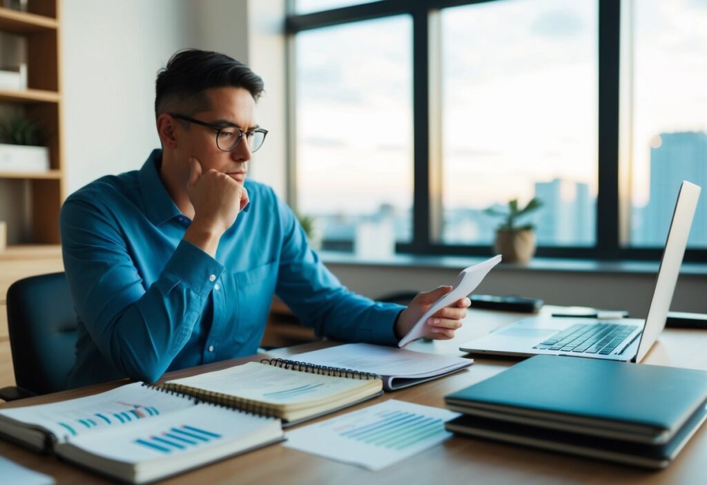 A person sitting at a desk, surrounded by notebooks, a laptop, and financial documents. They are deep in thought, brainstorming and planning their side hustle strategy for retirement funding