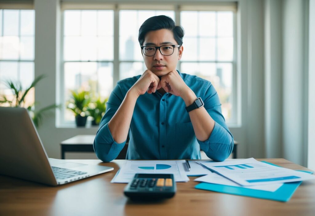 A person sitting at a desk, surrounded by papers, a laptop, and a calculator. They are deep in thought, strategizing their side hustle plan