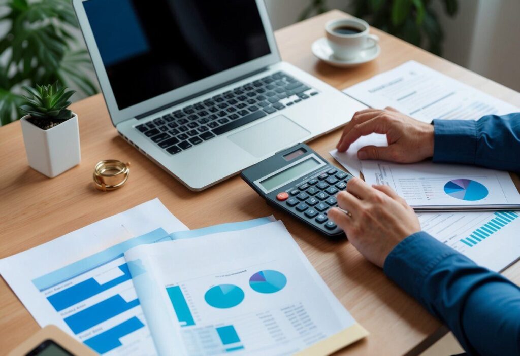 A home office setup with a laptop, calculator, and retirement savings plan documents spread out on a desk. A person is researching self-employed retirement saving options