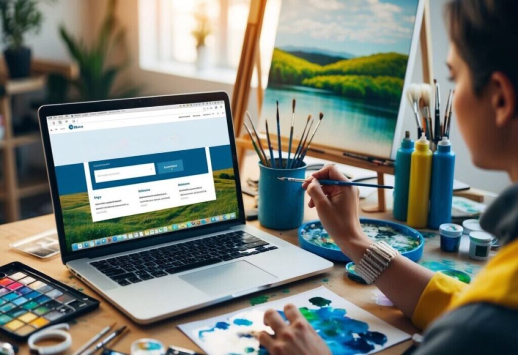 A person painting a landscape while surrounded by art supplies and a laptop open to a job search website