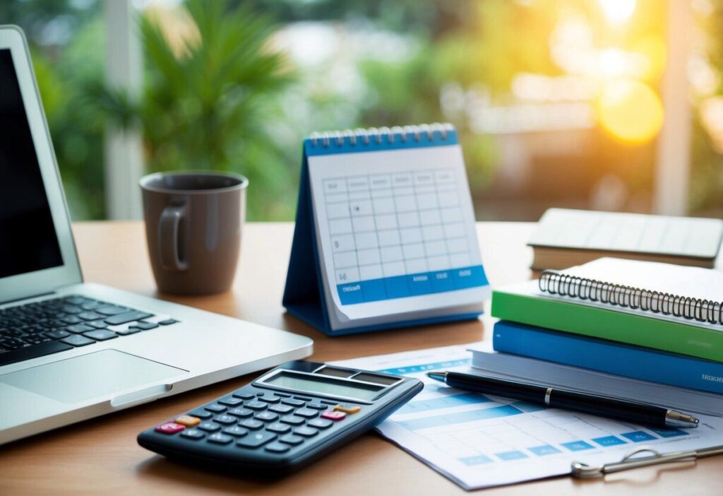 A desk with a laptop, calculator, and budgeting spreadsheets. A calendar with irregular income dates highlighted. Books on finance and freelancing