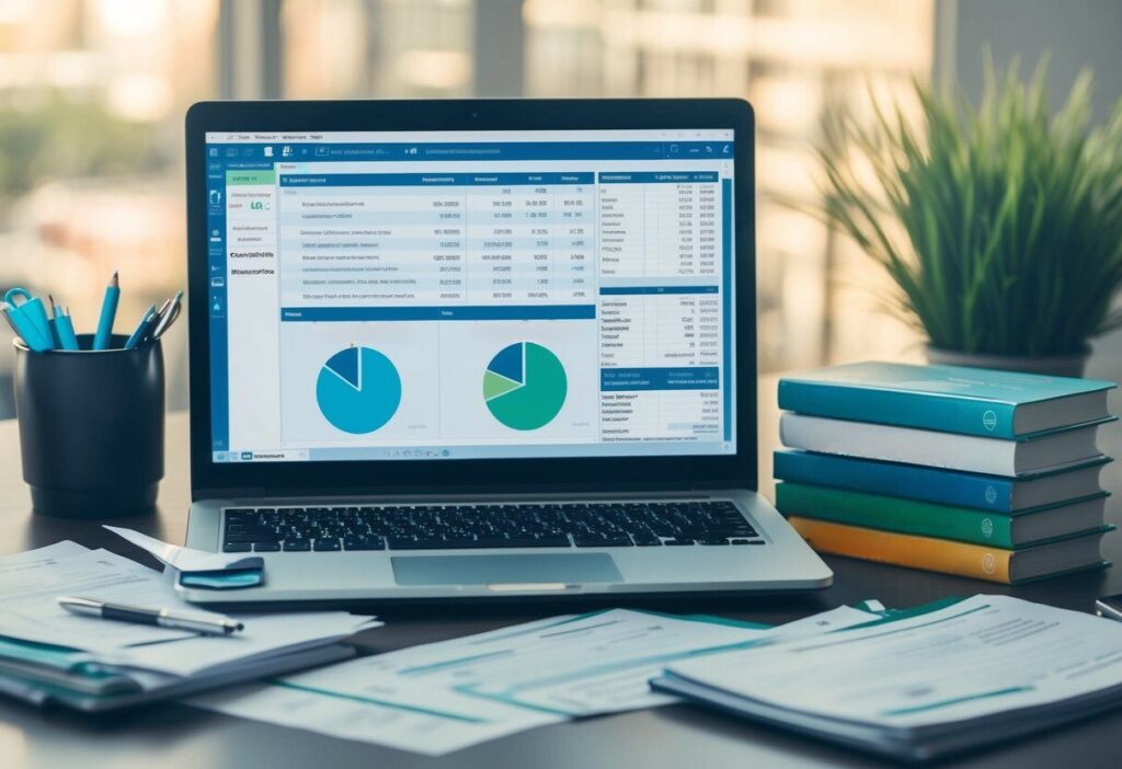 A desk cluttered with invoices, a laptop displaying income tracking software, and a stack of financial literacy books