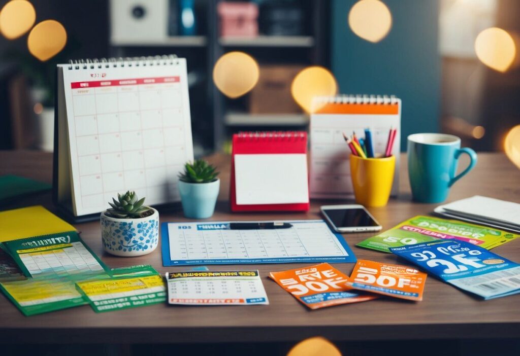 A cluttered desk with a calendar, shopping list, and various seasonal items, surrounded by discount coupons and advertisements