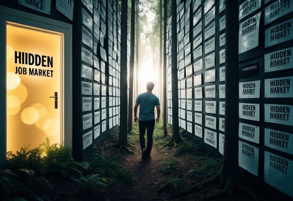 A person searching through a dense forest of job postings, while a hidden path leads to a glowing door labeled "Hidden Job Market"