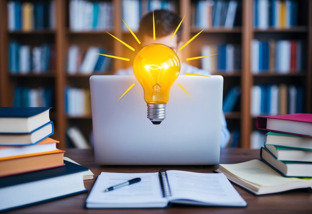 A person researching on a laptop, surrounded by books and notes, with a lightbulb symbolizing a new idea for finding hidden job opportunities