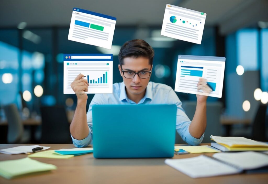 A person researching online, surrounded by open tabs and notes, with a determined expression