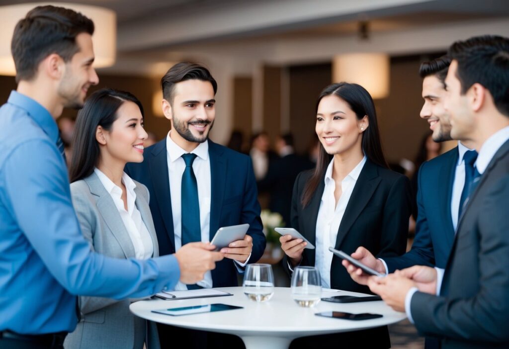 A group of professionals networking at a business event, exchanging contact information and discussing job opportunities