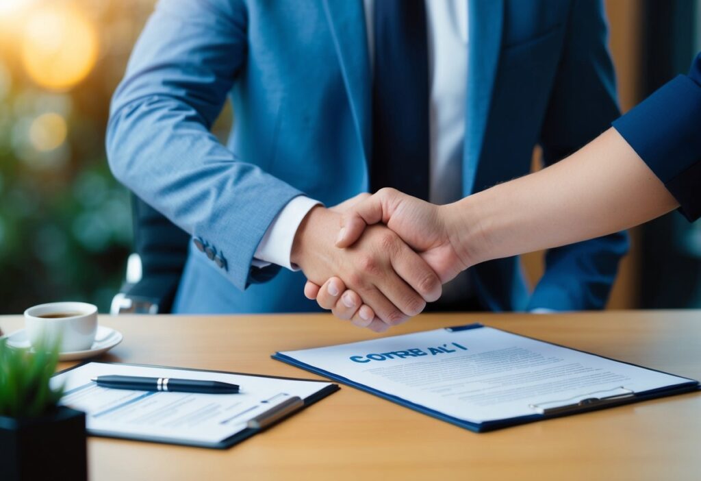 A person receiving a job offer after completing a financial education course, with a handshake and a contract on a desk