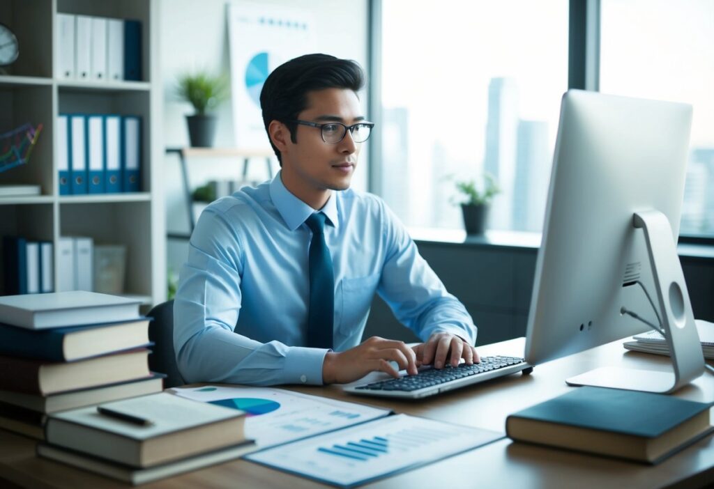 A person studying financial concepts at a desk with a computer, surrounded by books, graphs, and charts