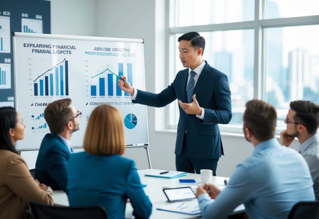 A person confidently explaining financial concepts on a whiteboard to a group of engaged listeners. The room is well-lit and professional, with charts and graphs displayed in the background