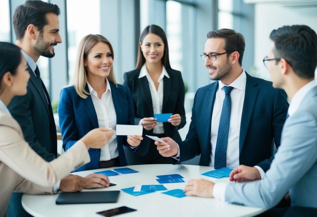 A group of professionals engage in conversation, exchanging business cards and discussing financial education. The scene is set in a modern office with networking events