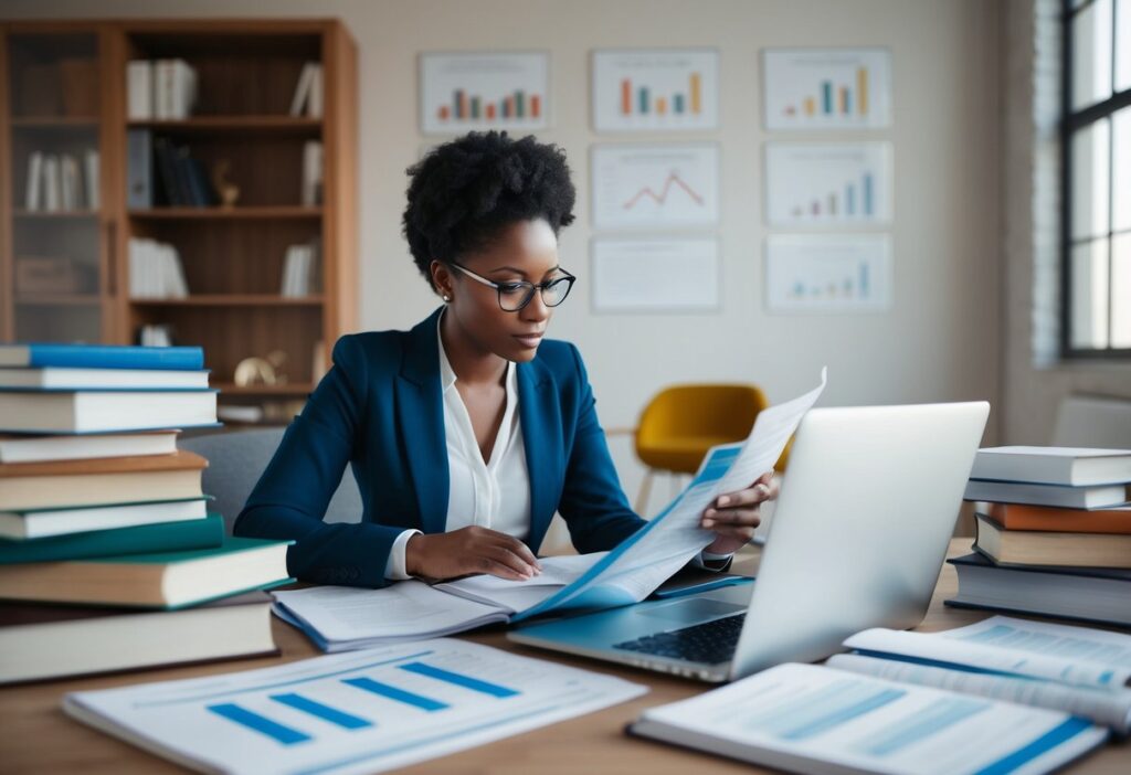 A person studying financial education materials surrounded by books, charts, and a laptop