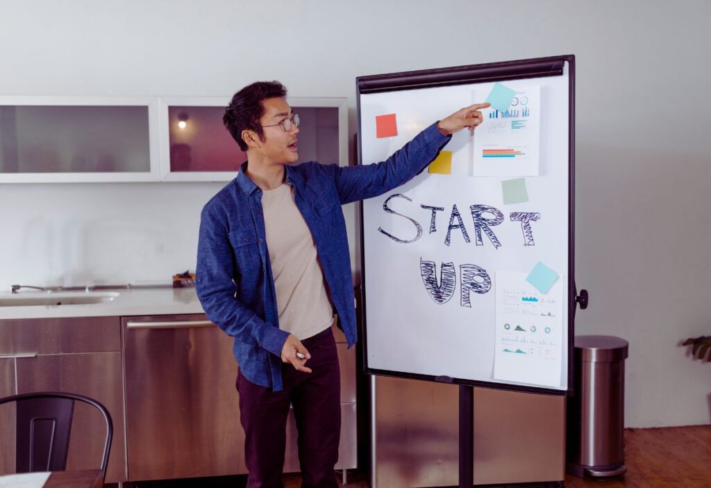 A casual meeting environment with a man in a denim shirt pointing at a whiteboard with "START UP" written on it, alongside charts and sticky notes, in a modern workspace