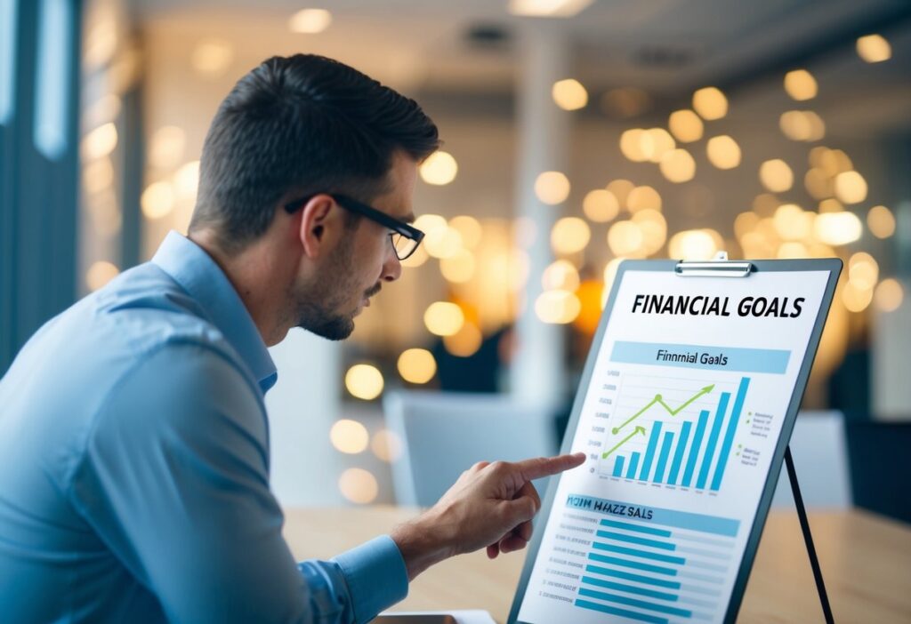 A person looking at a chart of financial goals, with arrows pointing towards positive behaviors and away from negative behaviors