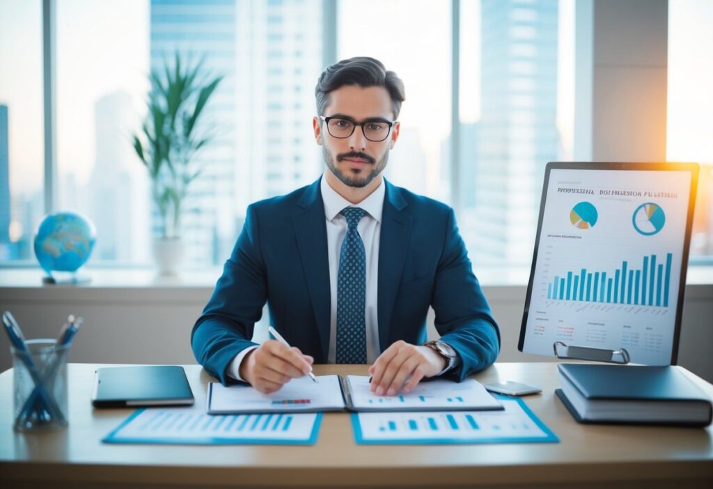 A person sitting at a desk with a financial plan, surrounded by charts and graphs, making deliberate decisions