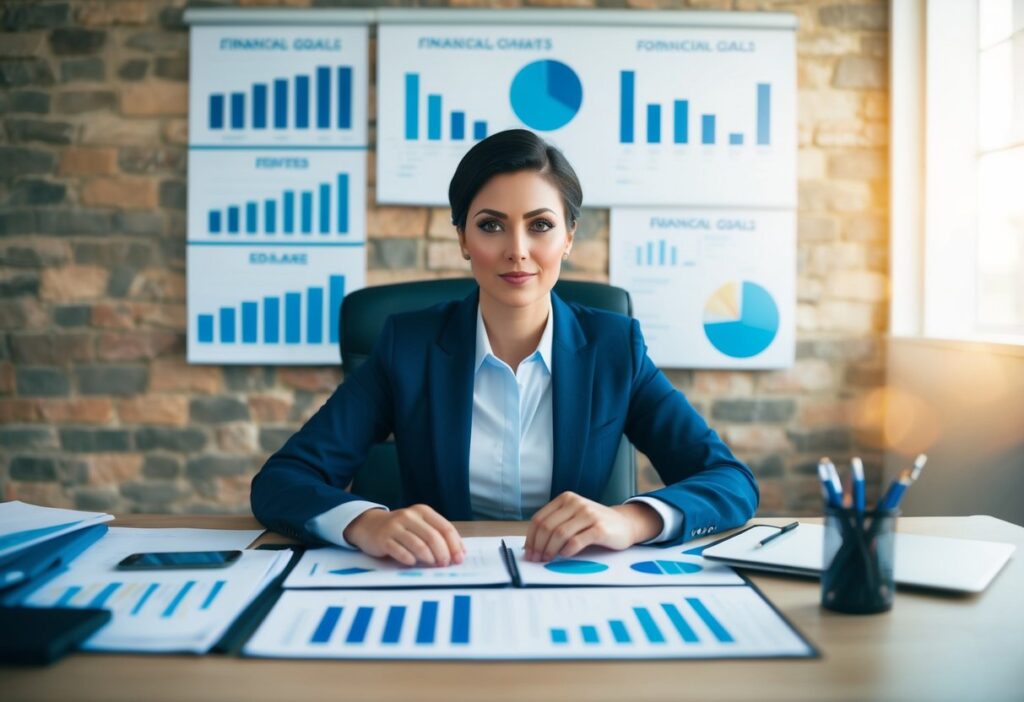 A person sitting at a desk, surrounded by financial charts and graphs, looking determined and focused on setting and achieving their financial goals