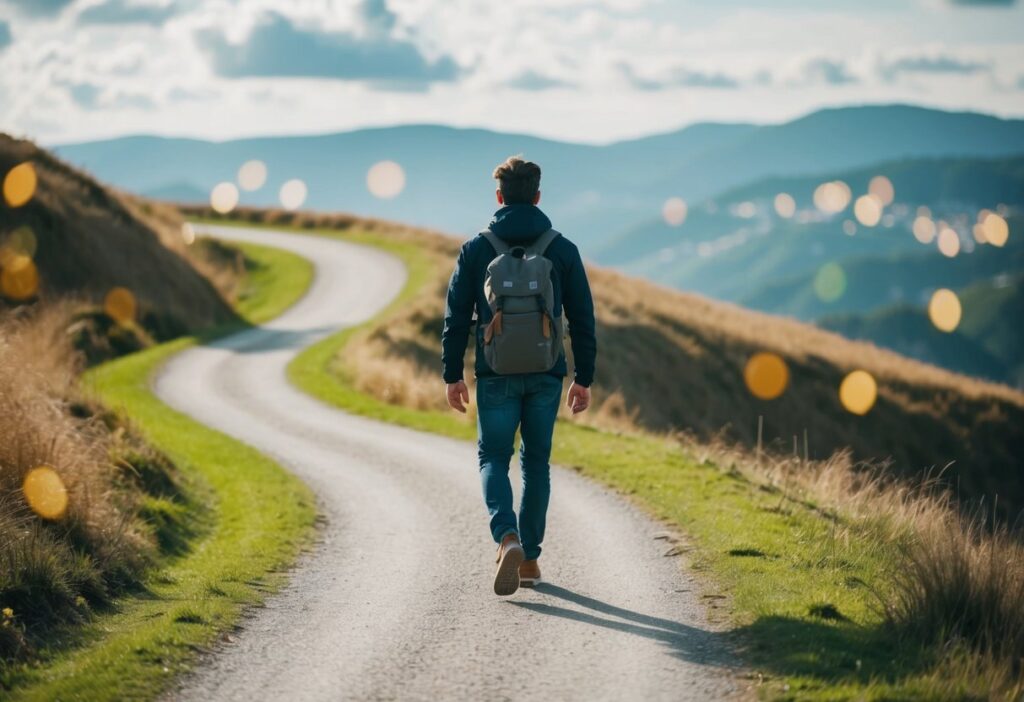 A person walking along a winding path, passing by various tempting distractions, but staying focused on a distant goal