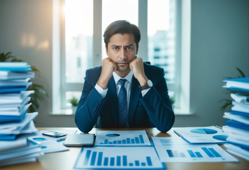 A person sitting at a desk, surrounded by charts, graphs, and financial documents. They are deep in thought, with a determined expression on their face