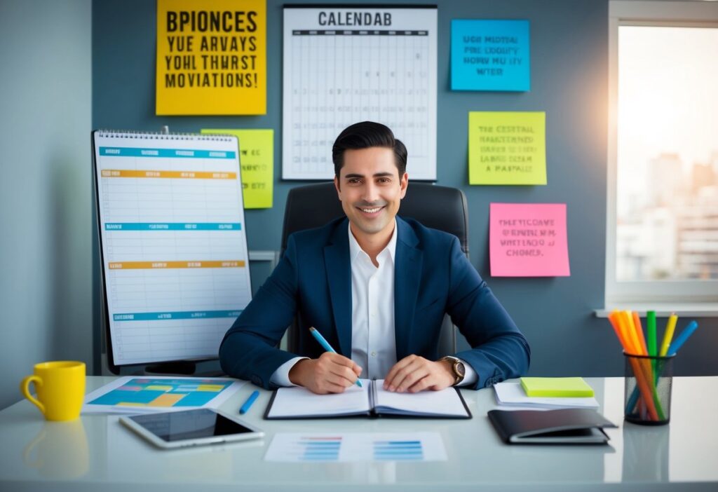 A person sitting at a desk with a calendar, financial charts, and a checklist, surrounded by motivational quotes and sticky notes