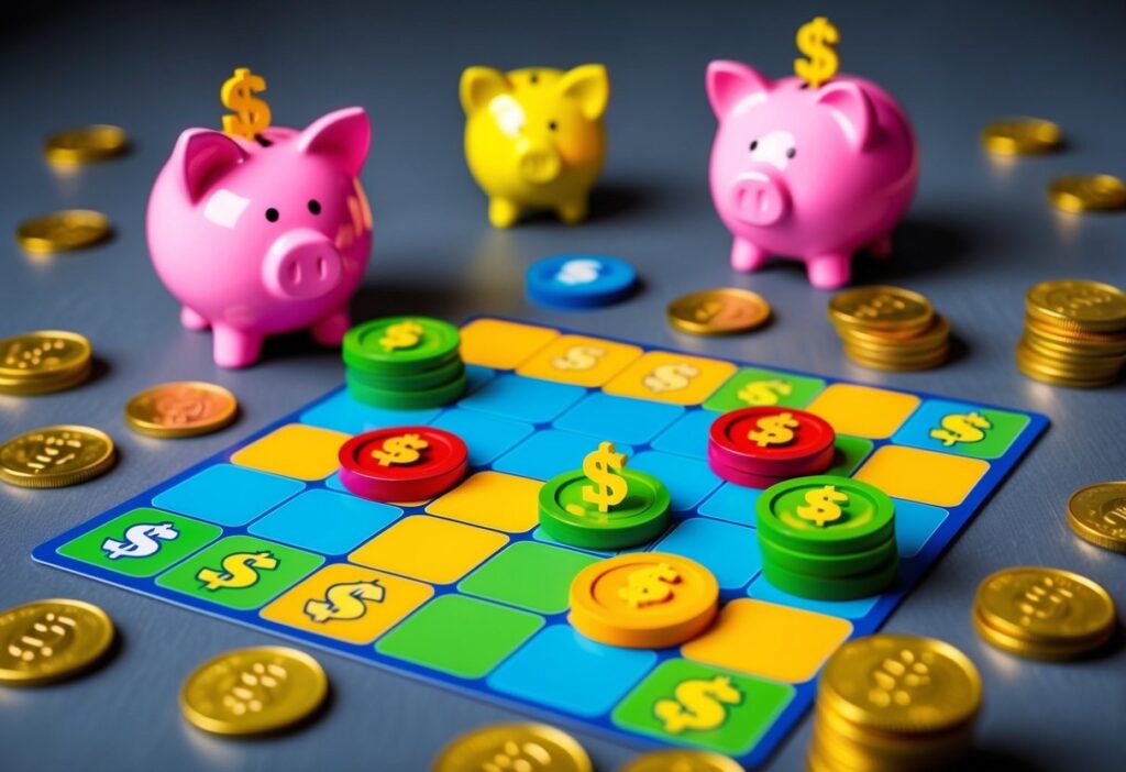 A colorful game board with financial tasks and rewards, surrounded by icons of coins, piggy banks, and dollar signs