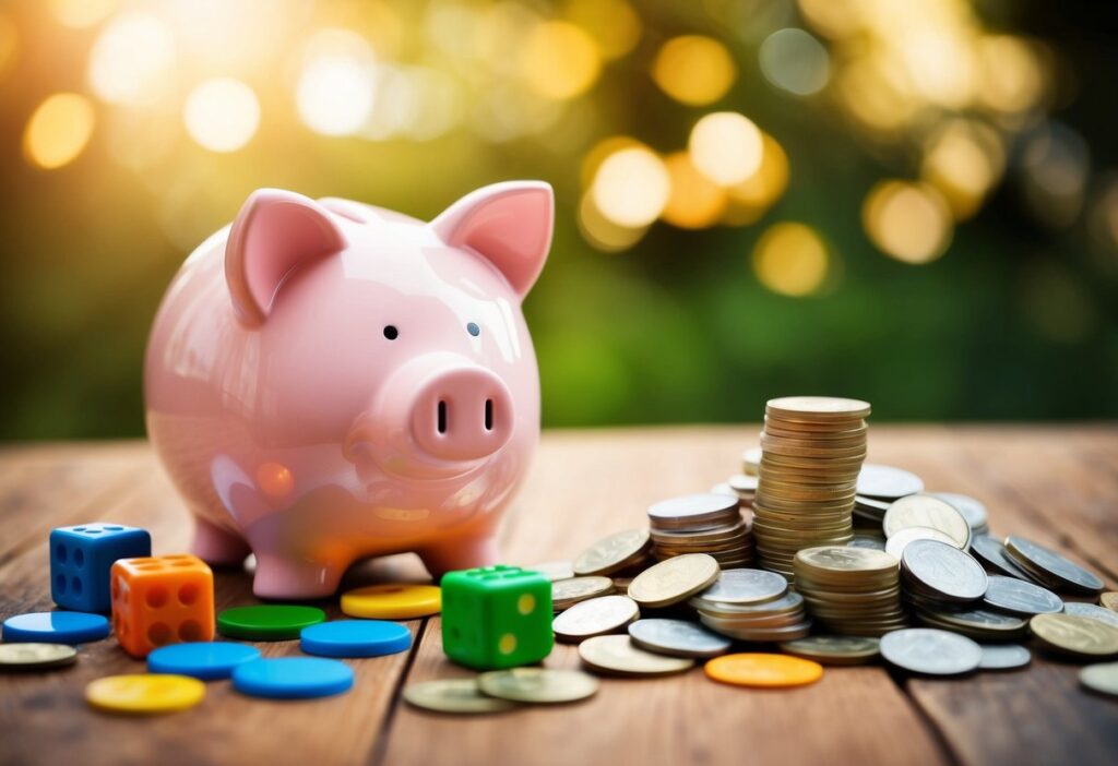 A piggy bank surrounded by colorful game pieces and a path leading to a pile of money