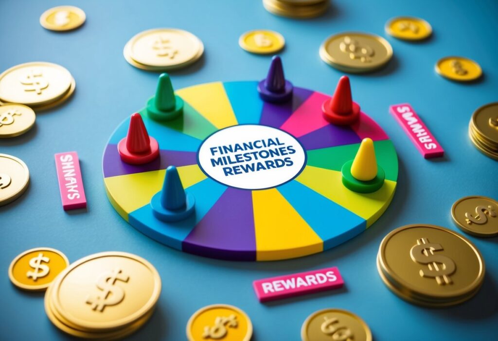 A colorful game board with financial milestones and rewards, surrounded by playful illustrations of money-saving strategies