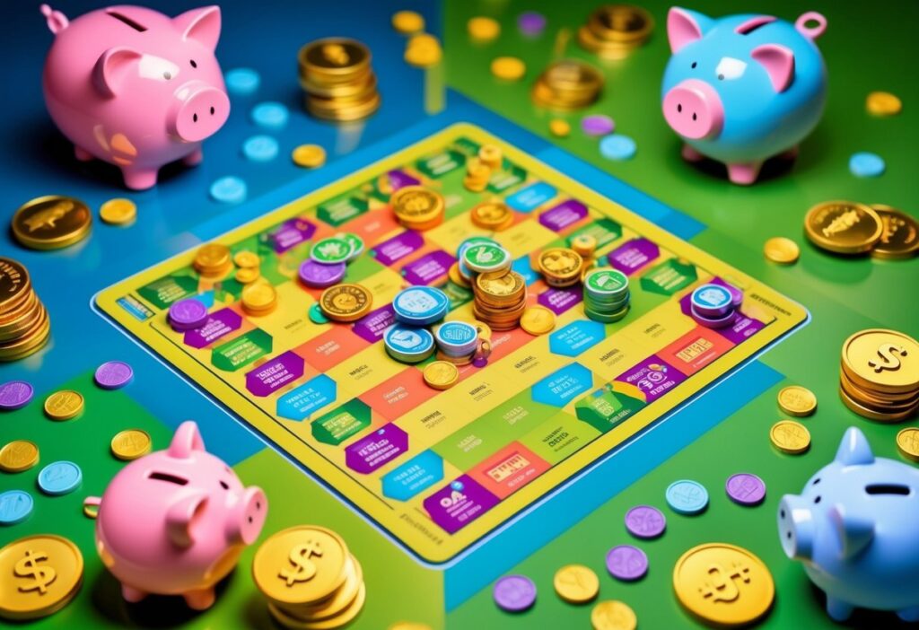 A colorful game board with money-saving challenges and rewards, surrounded by playful illustrations of piggy banks, coins, and financial goals