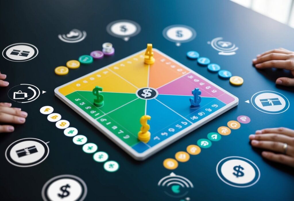 A colorful game board with financial milestones and rewards, surrounded by icons of money, savings, and progress tracking tools