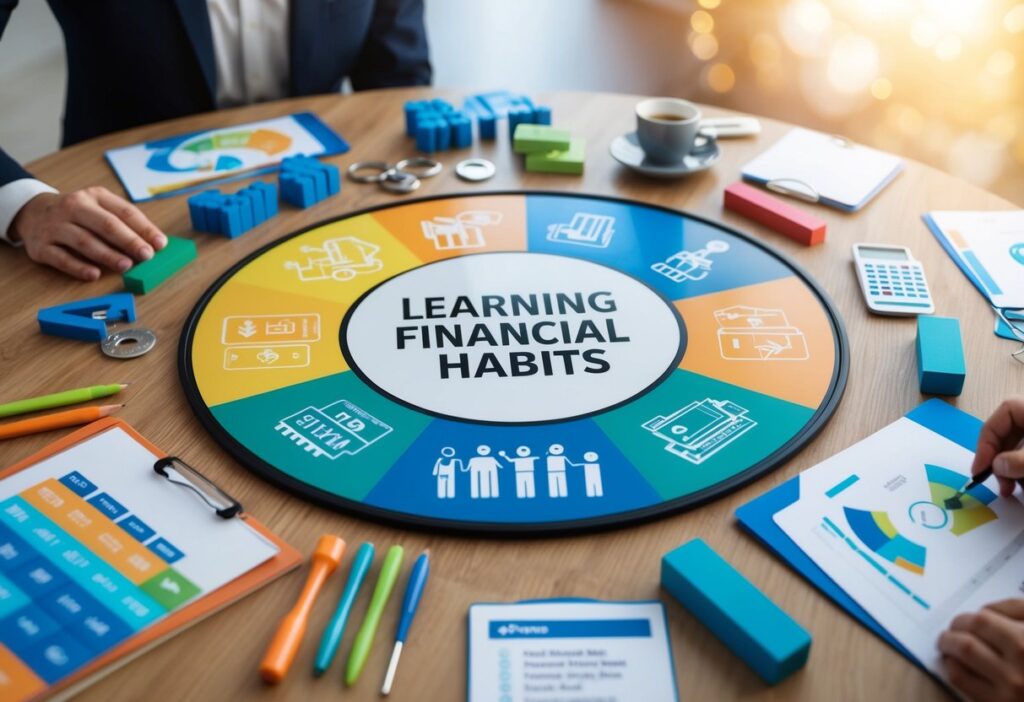 A colorful game board with financial-themed illustrations, surrounded by various tools and resources for learning and improving financial habits