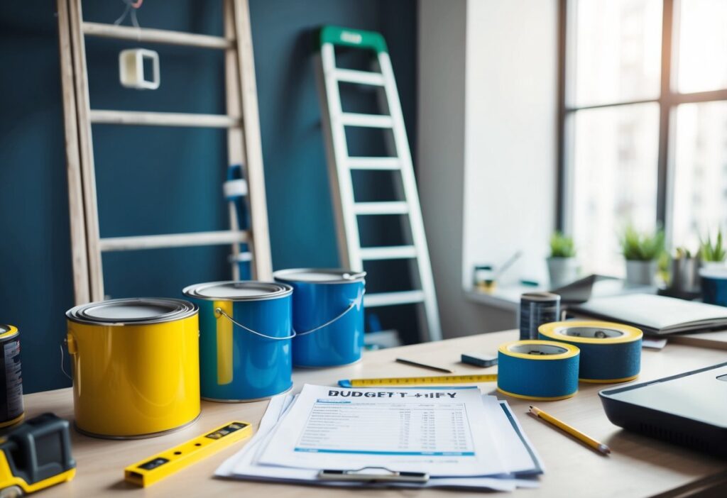 A cluttered room with paint cans, tools, and a budget spreadsheet. A ladder leans against a wall, and a tape measure and pencil sit on a table