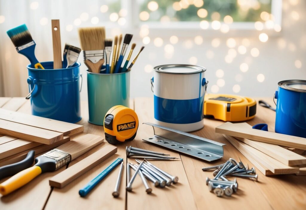 A table with various tools and materials: paintbrushes, paint cans, nails, screws, wood planks, and a tape measure. A budget-friendly home improvement scene