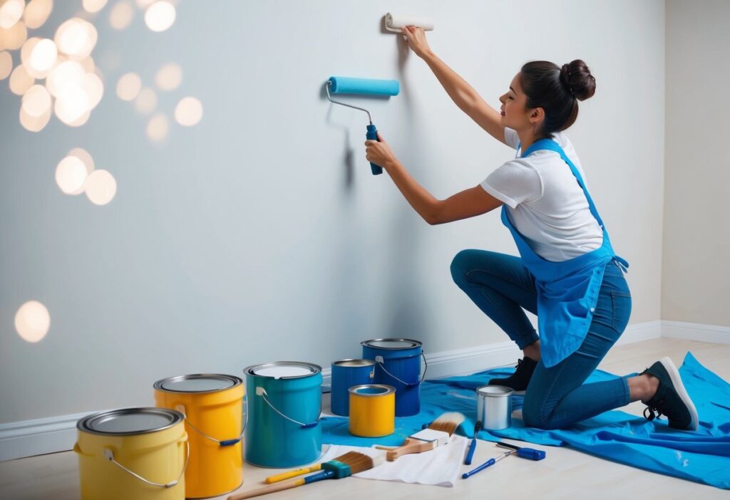 A person painting a wall with a roller, surrounded by paint cans, brushes, and drop cloths in a well-lit room