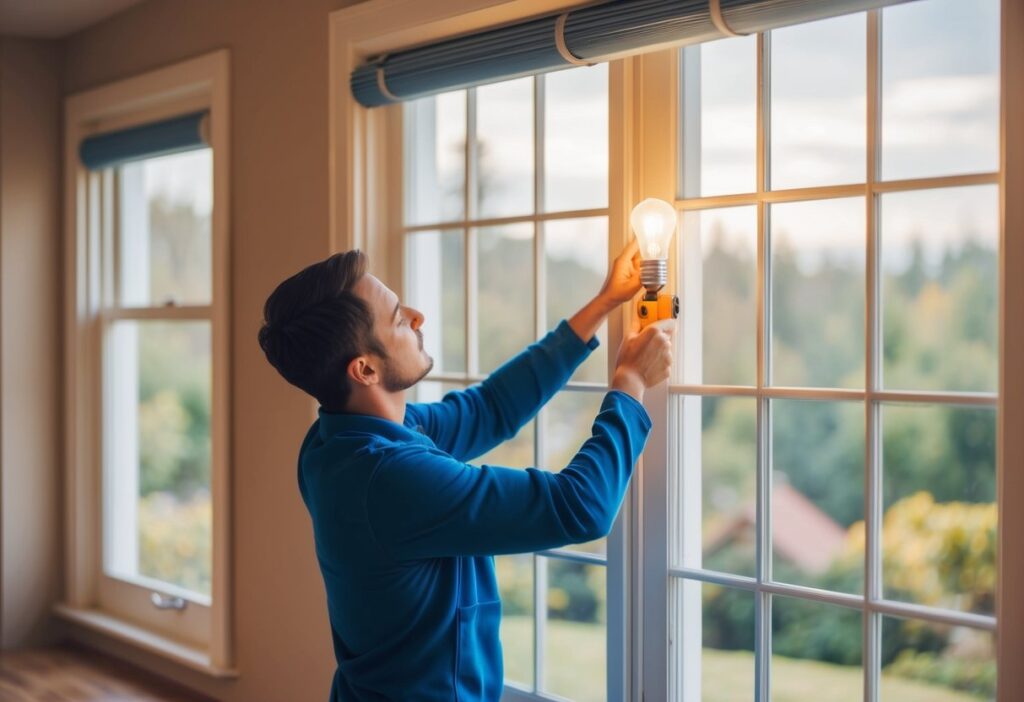 A person installing energy-efficient light bulbs and weather-stripping on windows in a cozy home