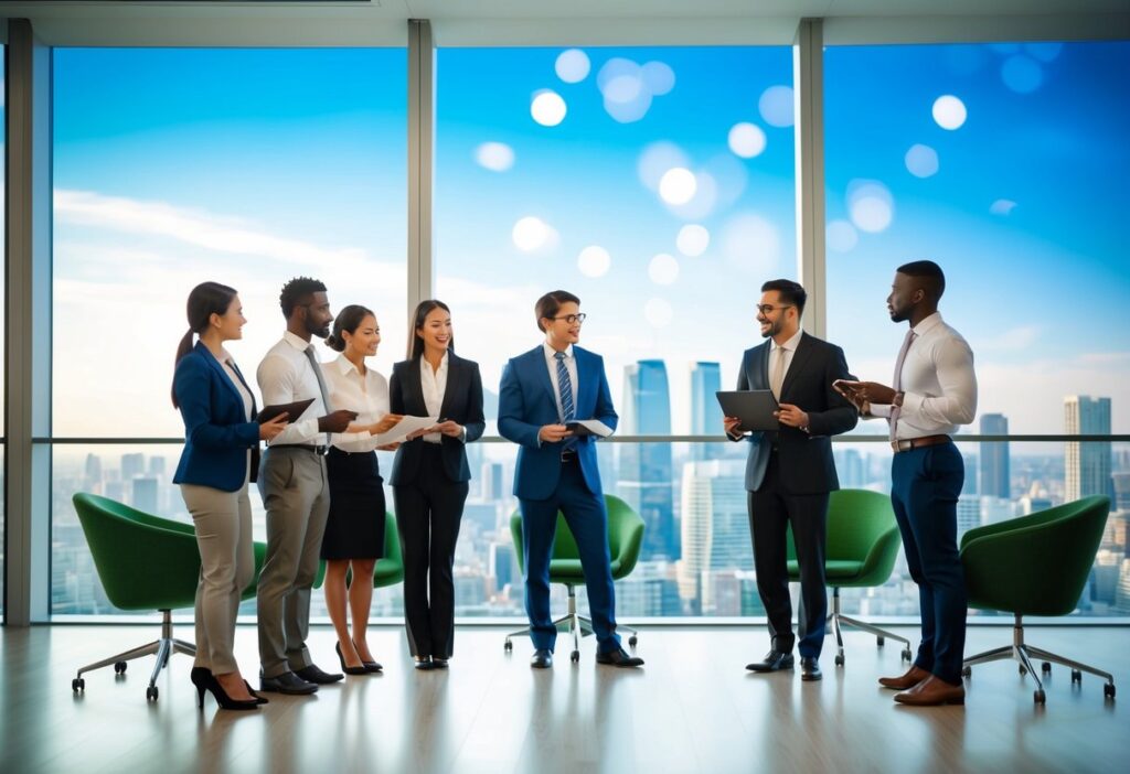 A diverse group of employees discussing salary information openly in a modern office setting with a large window overlooking a city skyline