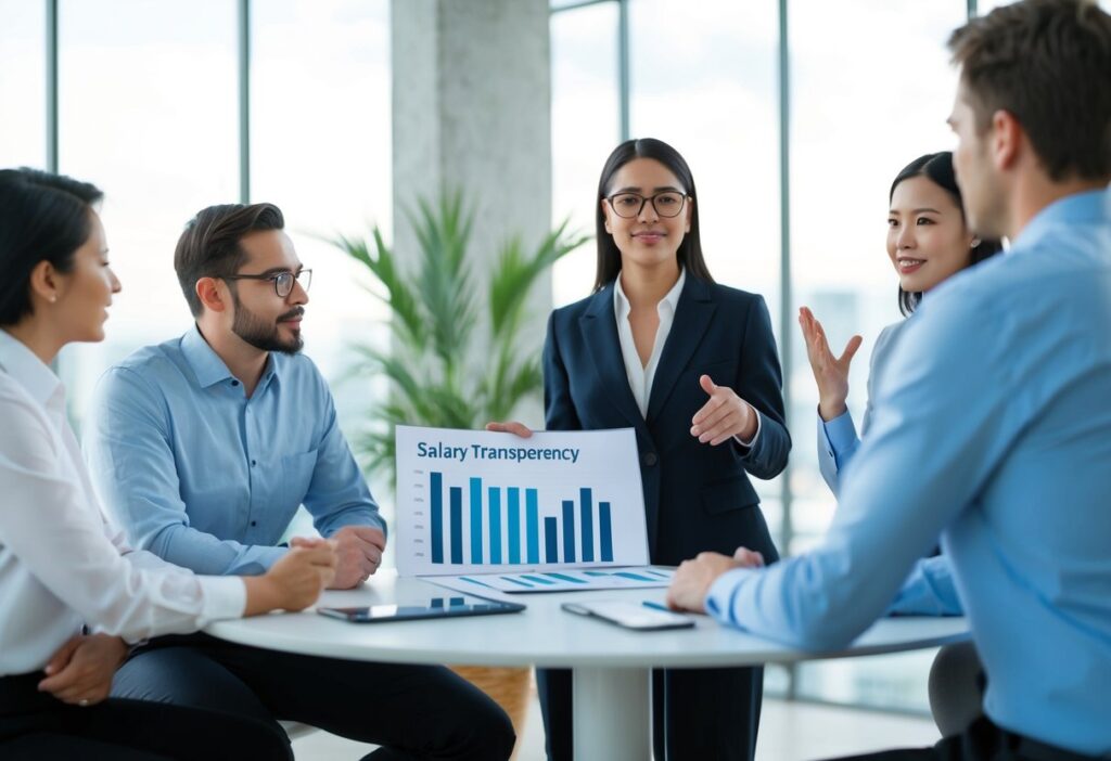 A group of people discussing salary transparency, with one person presenting a chart and others expressing their opinions