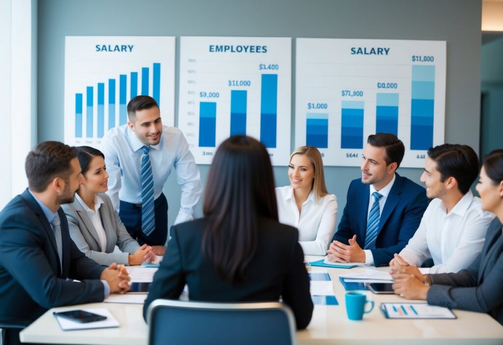 A group of employers and employees gathered around a table, engaged in a discussion. Charts and graphs on the wall depict salary data