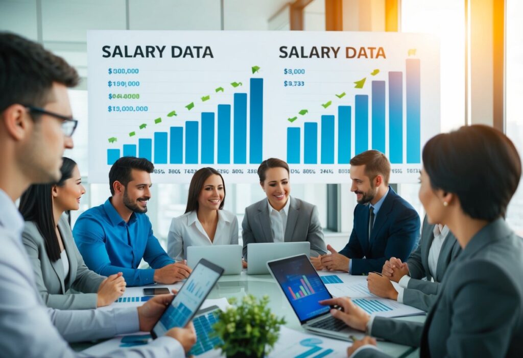 A group of people comparing salary data on charts and graphs