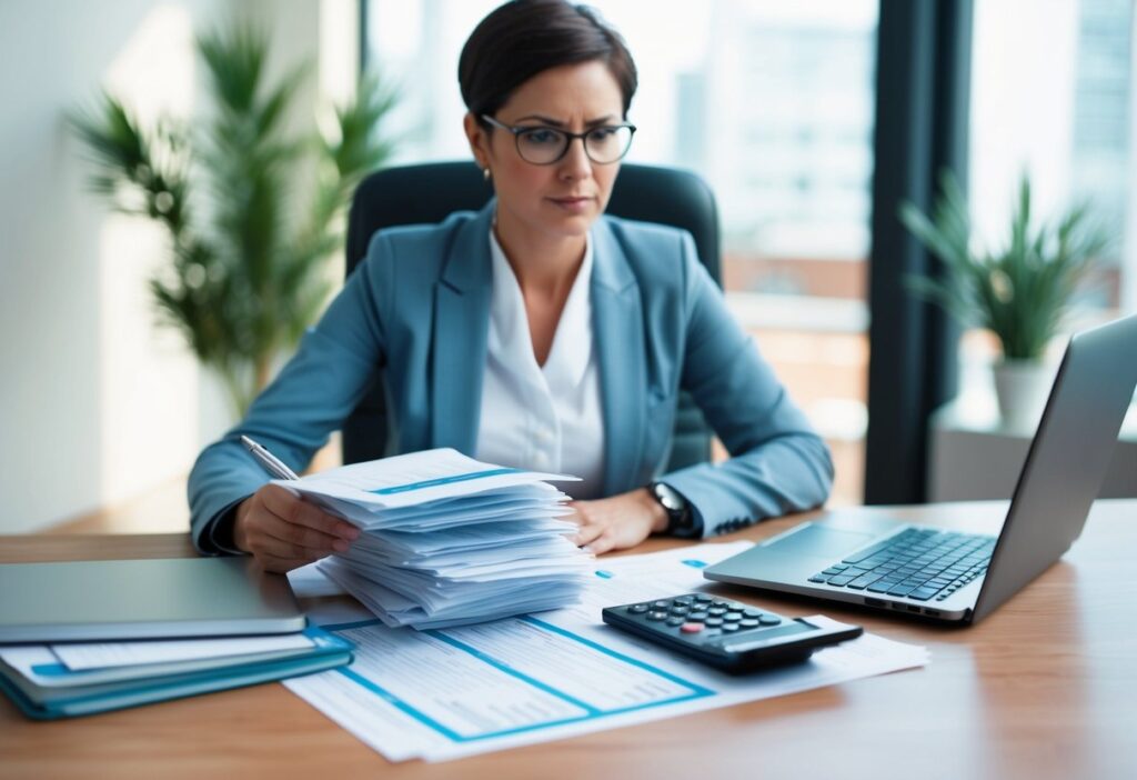 A person sitting at a desk with a pile of medical bills, a calculator, and a laptop, looking determined and focused on negotiating healthcare costs