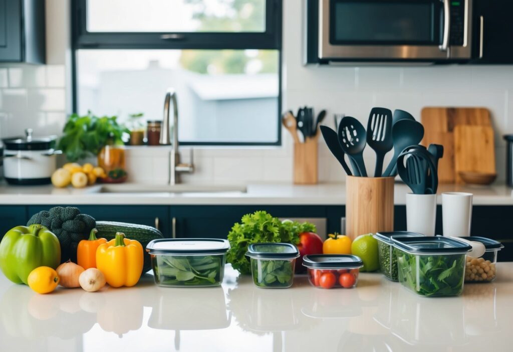 A kitchen counter with fresh produce, containers, and cooking utensils organized for meal prep