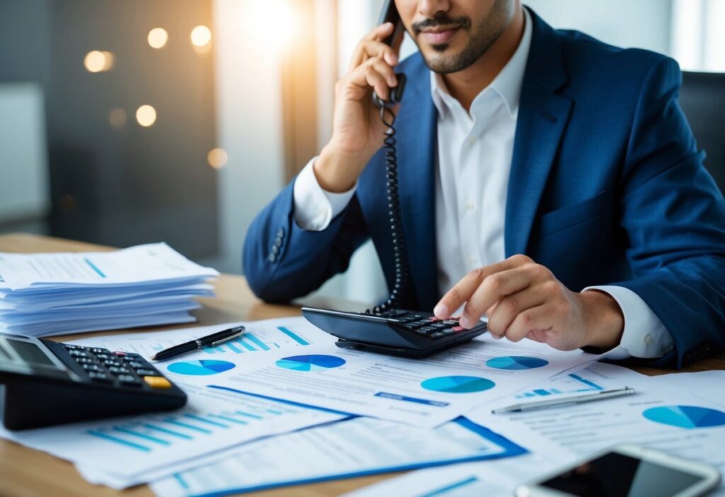 A person sitting at a desk, surrounded by paperwork and a calculator, on the phone with a healthcare provider negotiating medical bills