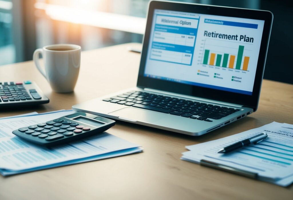 A desk with a laptop, calculator, and financial documents. A chart showing different retirement plan options. Coffee mug and pen