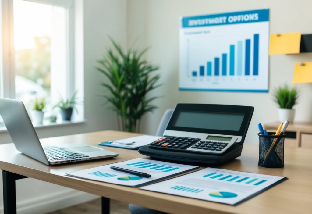 A home office desk with a laptop, calculator, and financial documents. A chart showing investment options for self-employed individuals on the wall