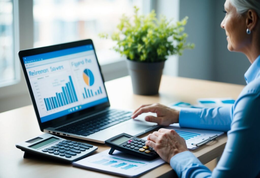 A desk with a laptop, calculator, and financial charts. A person consulting with a financial advisor. Retirement savings plans and tools displayed on the computer screen