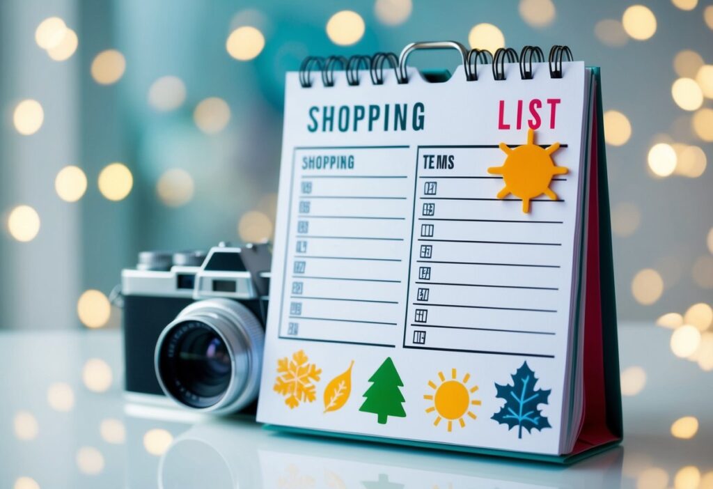 A calendar with circled dates, a shopping list with big-ticket items, and a variety of seasonal symbols (e.g. snowflakes, sun, leaves) indicating different times of the year