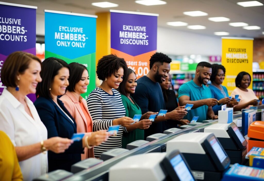 A diverse group of shoppers eagerly scanning their loyalty cards at checkout, surrounded by colorful banners advertising exclusive members-only discounts